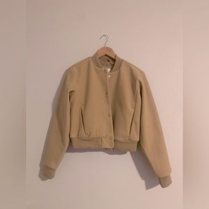 Tan Faux Wool Cropped Bomber Jacket